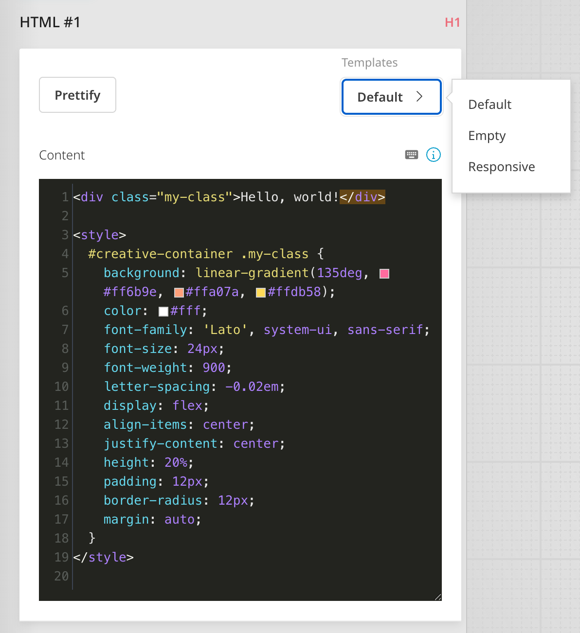 HTML templates with code editor