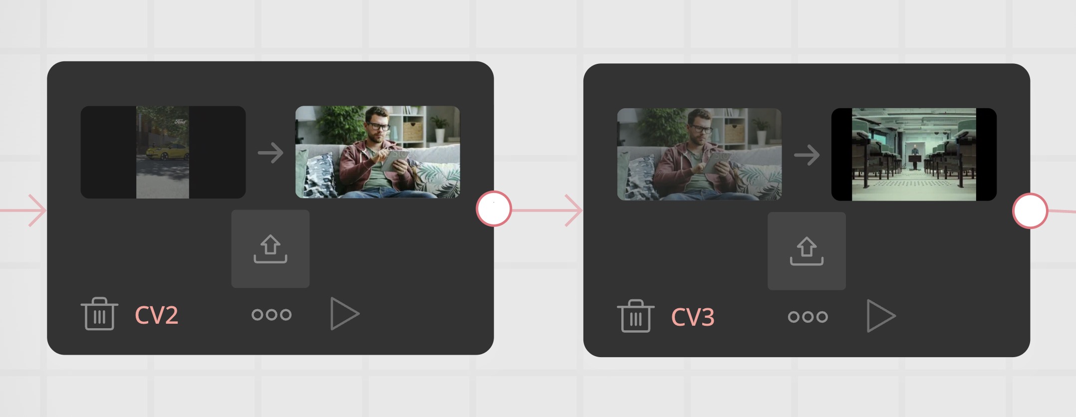 Two chained Change Video components showing the previous change as before