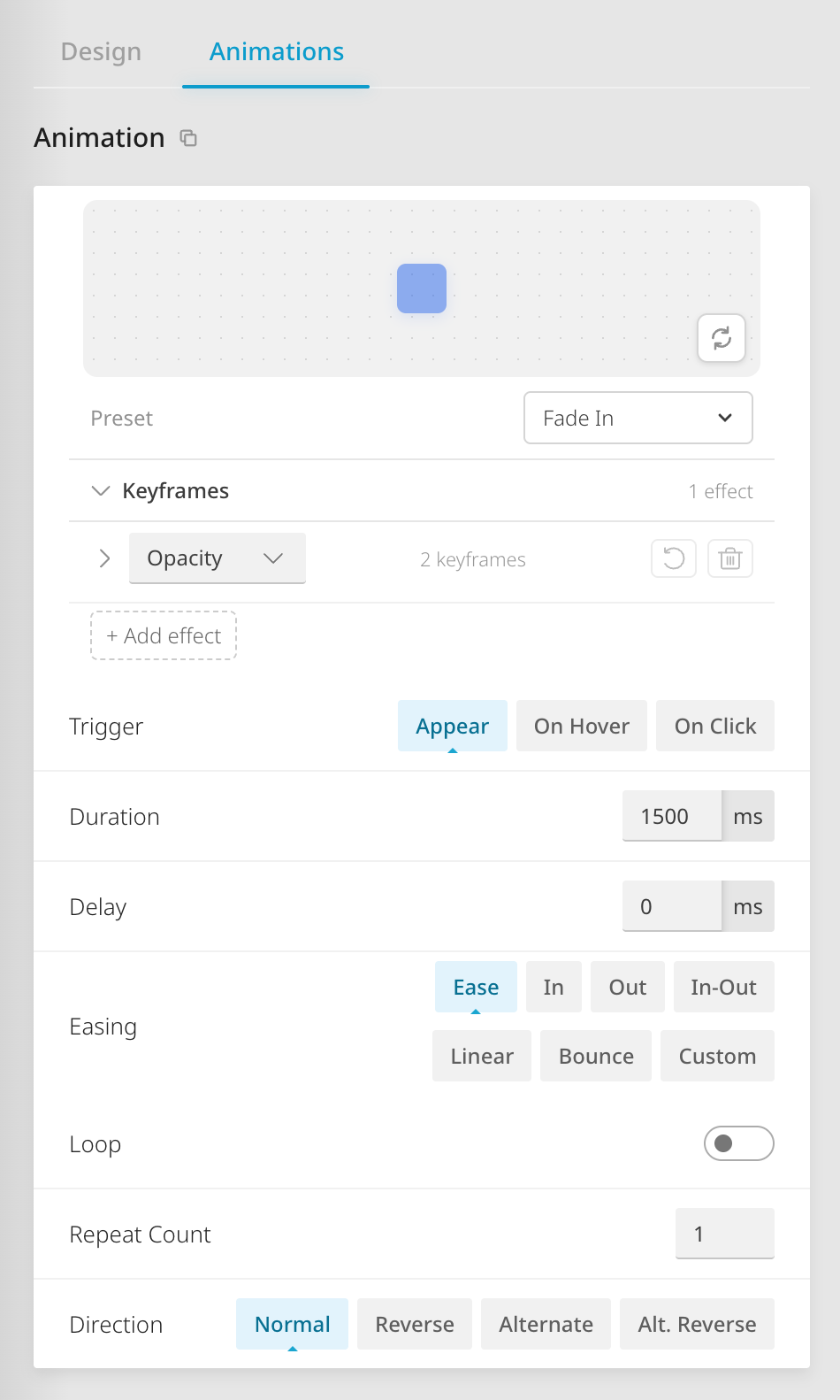 Animation panel with presets, keyframes, and easing controls